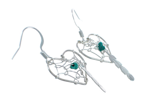 Turquoise Sterling Silver Navajo Dream Catcher Feather Hook Dangle Earrings X10013
